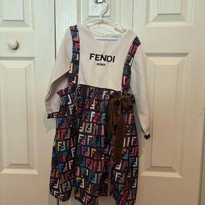 Fendi Girls White Top with Multicolor FF Print Pinafore Dress